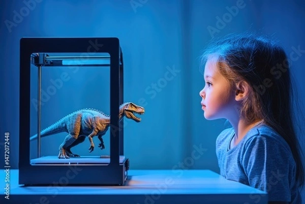 Fototapeta A curious girl gazes at a 3D printed dinosaur, bathed in a cool, futuristic blue light, sparking imagination and wonder.