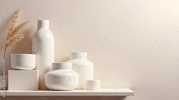 Fototapeta Elegant White Vases and Dried Pampas Grass Arrangement