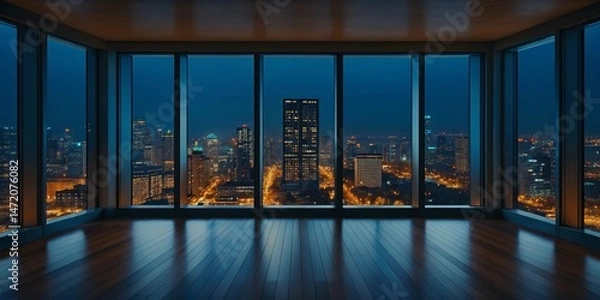 Fototapeta interior, large glass windows, city skyline, evening, dramatic lighting, cityscape, modern architecture, urban scene, moody atmosphere, high-rise buildings, skyscrapers, blue hour, reflections, minima