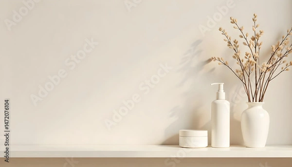 Fototapeta Minimalist Skincare Product Display with Floral Arrangement