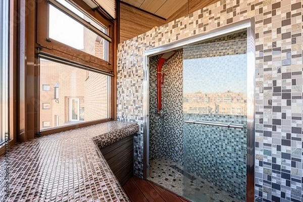Fototapeta Modern bathroom featuring mosaic tiles, a glass shower stall, and a large window with a tiled sill.