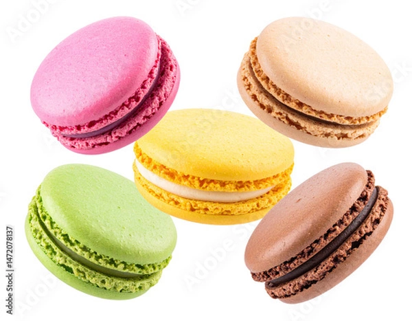 Obraz Colorful Macarons Assortment Isolated on Transparent Background French Pastry Dessert Treats
