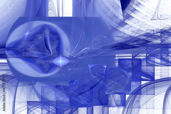 Fototapeta Abstract blue and white geometric blurred background with arcs, squares and other shapes. 3D rendering. 3D illustration.