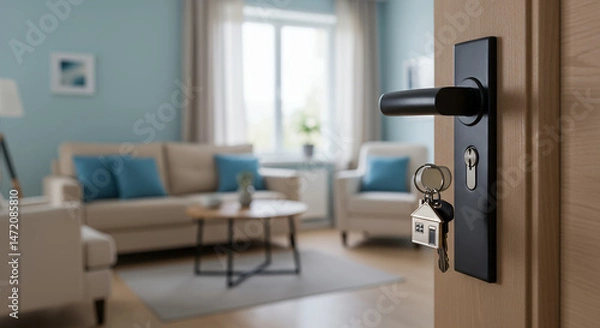 Obraz New Home Keys: Open Door to Modern Living Room - Real Estate Dreams Await! Interior Design Inspiration