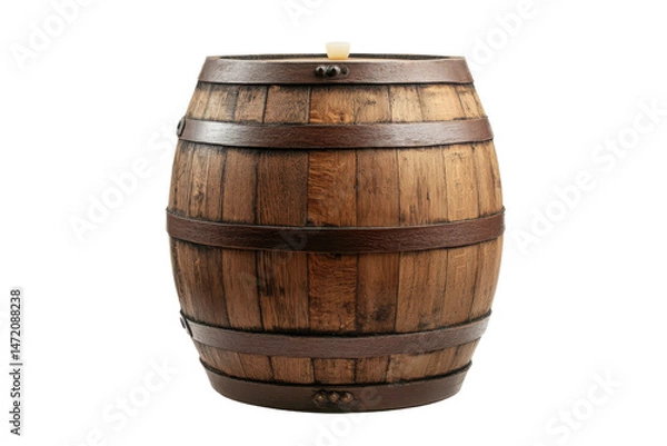 Fototapeta Wooden barrel with metal rings on transparent background