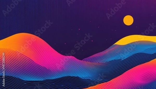 Fototapeta Vibrant Colorful Night Landscape with Pixelated Hills and Glowing Moon