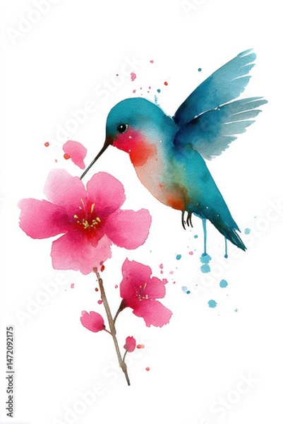 Obraz Vibrant watercolor illustration of hummingbird feeding on bright pink flowers with splashes of paint creating lively effect