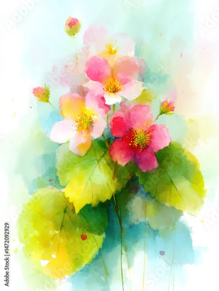 Obraz Watercolor illustration of delicate pink and red wildflowers with green leaves, evoking fresh and vibrant spring feeling