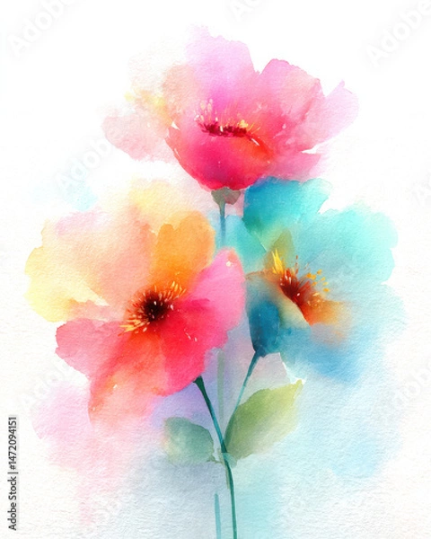 Obraz Watercolor illustration of wildflowers bouquet with soft pink, orange, and blue petals creating delicate and vibrant floral art
