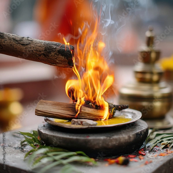 Fototapeta Homa or havan fire ceremony performed at home. Incense and ghee are thrown into fire. Homa havan