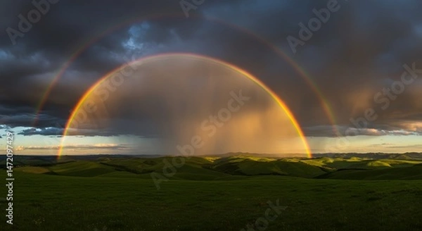 Obraz Wide landscape view of a rainbow over rolling hills under dramatic clouds