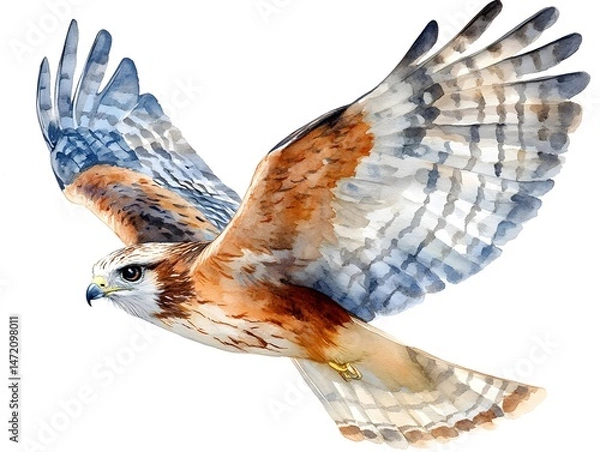 Fototapeta A majestic red-shouldered hawk soars gracefully through the air with its wings fully extended showcasing intricate feather details in a watercolor