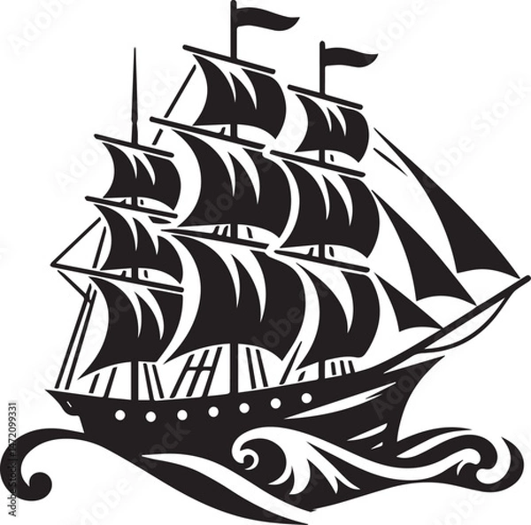 Fototapeta Vintage Black Silhouette of a Sailing Ship with Full Sails