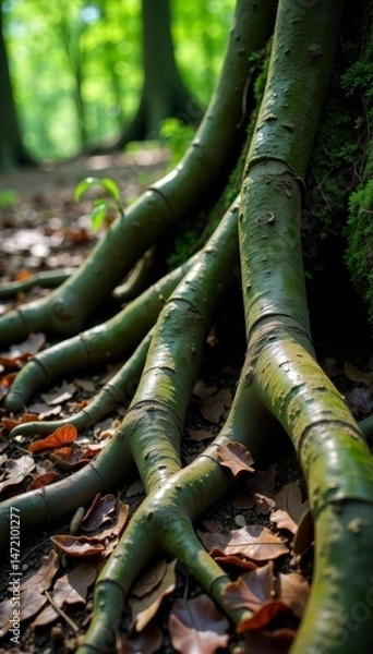Fototapeta Close-up shot of weathered roots intertwined on forest floor, bark, pattern, nature