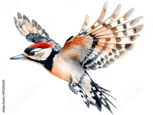 Fototapeta A vibrant watercolor painting depicts a Great Spotted Woodpecker in mid-flight showcasing its detailed plumage and striking colors against a stark