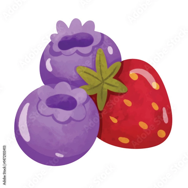 Obraz Blueberry and strawberry fruit illustration vector, isolated on white background, hand drawn watercolor painting style