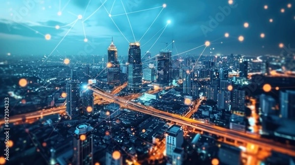Fototapeta Smart city and communication network. Digital transformation, business, building, modern, urban, technology, connection, information, innovation, capita, future