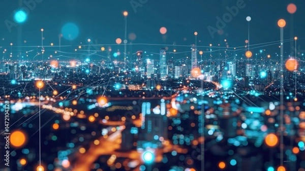 Fototapeta Smart city and communication network. Digital transformation, business, building, modern, urban, technology, connection, information, innovation, capita, future