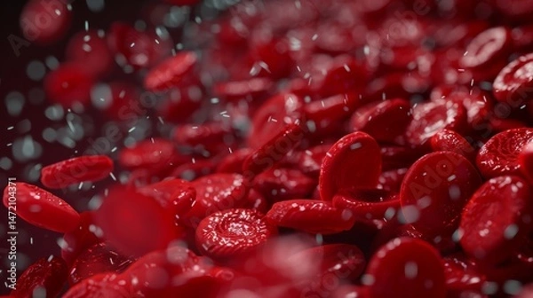 Fototapeta red blood cells in a blue background. Concept of chaos and disorder, as the red blood cells are scattered and disorganized. The blue background adds a sense of calmness