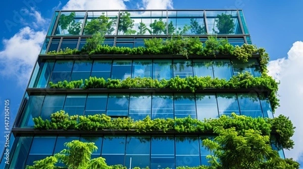 Fototapeta Architecture a modern glass building with a lot of green plants trees and bushes for business architecture environmental friendly, design, exterior, sky, garden