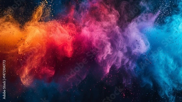 Fototapeta Colored powder explosion, A colorful, multi-colored background with a lot of small dots. The background is a mix of blue, red, and yellow