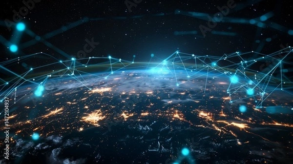 Fototapeta planet with a network of lines connecting it to other planets. Connections system and global datas exchanges over the globe 3D rendering elements of this image