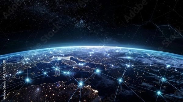 Fototapeta planet with a network of lines connecting it to other planets. Connections system and global datas exchanges over the globe 3D rendering elements of this image