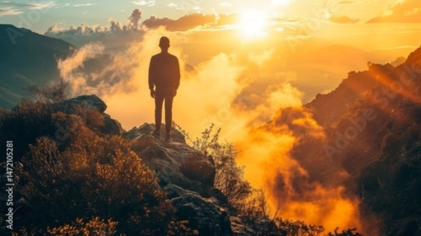 Fototapeta business male stand and feel happy on the most hight on the mountain, hiking, success, cliff, peak, business, success, successful, goal, victory, achievement, motivation,