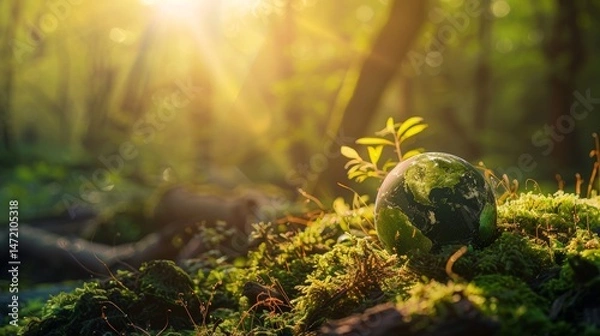 Fototapeta Earth Day Environment, global is green and has a blue and white design. The scene is peaceful and serene, with the globe representing the Earth