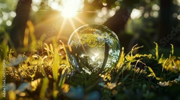 Fototapeta Environment Concept, ball is surrounded by green grass and trees, creating a peaceful and serene atmosphere. The sunlight is shining on the ball