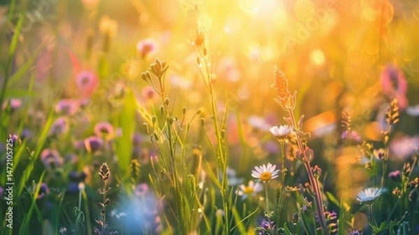 Fototapeta Nature background. Beautiful summer meadow background. Inspirational nature, field of flowers with a bright sun shining on them. flowers are yellow and pink. Scene is cheerful and peaceful