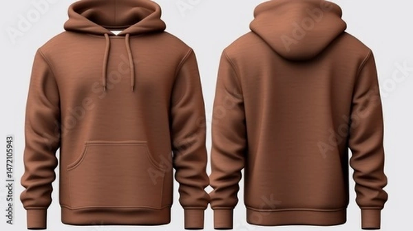 Fototapeta Set of brown front and back view tee hoodie hoody sweatshirt on transparent background cutout, PNG file. Mockup template for artwork graphic design