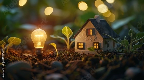Fototapeta Smart house and environment, Small house model and light bulb on the ground for real estate, eco design , green electricity energy background