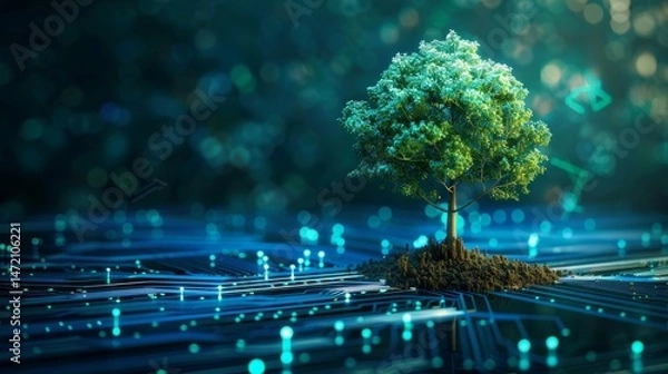 Fototapeta Tree with soil growing on the converging point of computer circuit board. Blue light and wireframe network background. Green Computing, Green Technology, Green IT, csr, and IT ethics Concept