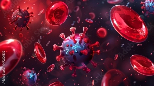 Fototapeta close up of a red and blue virus with red blood cells surrounding it. The red blood cells are scattered throughout the image, with some closer to the virus and others further away.