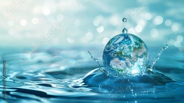 Fototapeta World Water Day concept with world in clean water drop on and fresh blue water ripples design, Environment save and ecology theme concept