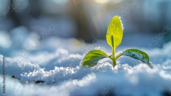 Fototapeta green sprout emerging from snowy frozen ground announcing end of winter end beginning of spring season, ice, bright, environment, life, concept, new, sunlight, light,.