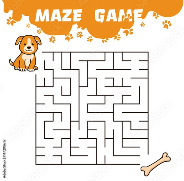 Fototapeta  Square maze game with cartoon brown puppy and a bone