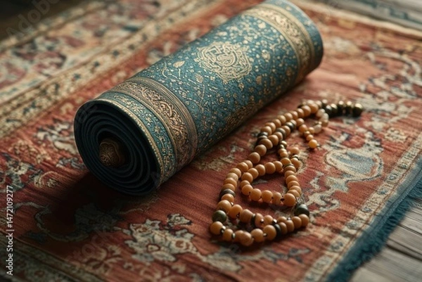 Fototapeta Rolled prayer mat and beads create a serene, spiritual scene with intricate patterns and warm tones