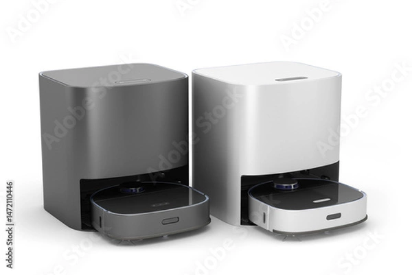 Fototapeta Modern Robotic Vacuum Cleaner 3D Render in Black and White Variants on white background