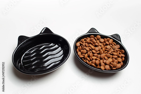 Fototapeta Two black bowls with ears, in shape, one is empty, the other is filled with dry food.