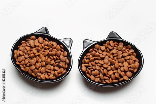 Fototapeta Dry food in black ceramic bowl in shape of cat with ears, isolated on white background.