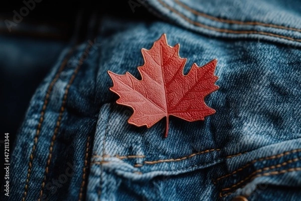 Fototapeta Detailed view of a reddish brown maple leaf pin attached to a blue denim jacket