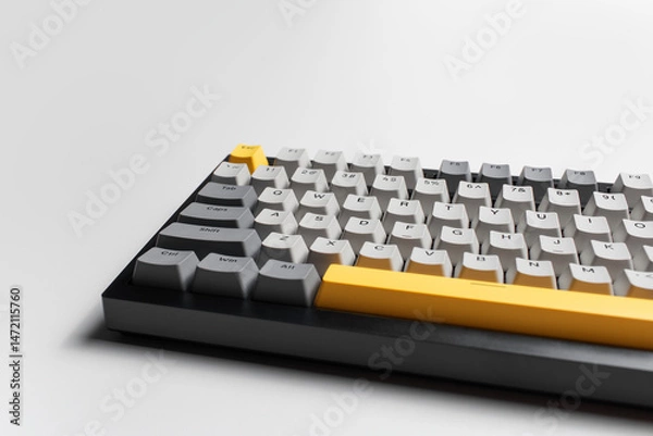 Fototapeta Mechanical keyboard for computer on white background. Key cap of grey, black and yellow colours.
