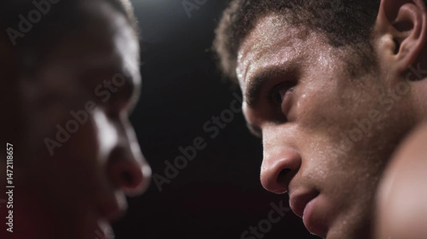 Obraz Two wrestlers intensely lock eyes during match