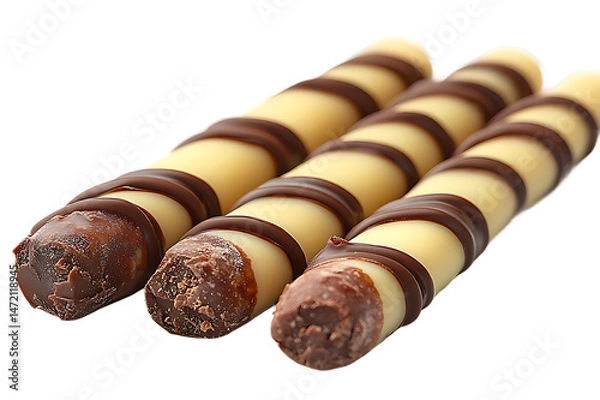 Fototapeta Delicious cream and chocolate covered wafer rolls arranged on a black background