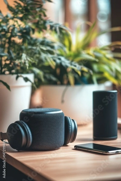 Obraz Smart home audio setup on a wooden table, next to potted plants