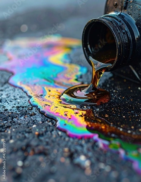 Fototapeta Spilled oil creating rainbow pattern on asphalt surface
