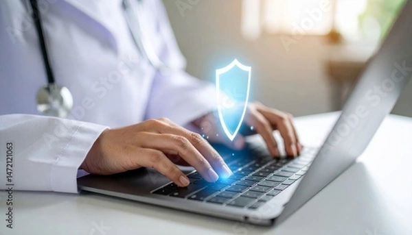 Fototapeta A person in a lab coat uses a laptop, with a digital shield icon symbolizing cybersecurity or data protection.