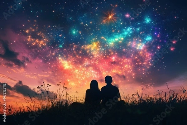 Fototapeta Couple gazing at a vibrant, colorful, starry sky with wildflowers in foreground under a tranquil night.